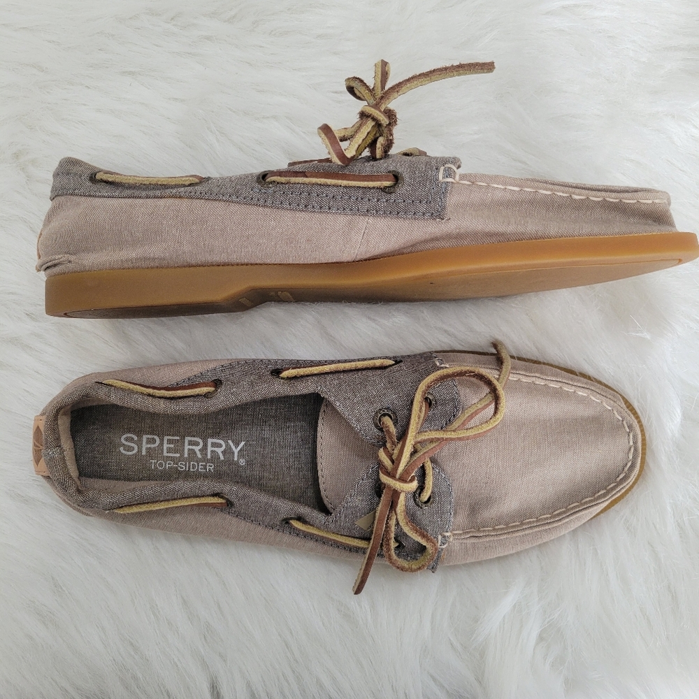 Sperry Top-Sider Boat Shoes Linen & Leather 9 EUC Beige & Blue - Picture 3 of 14
